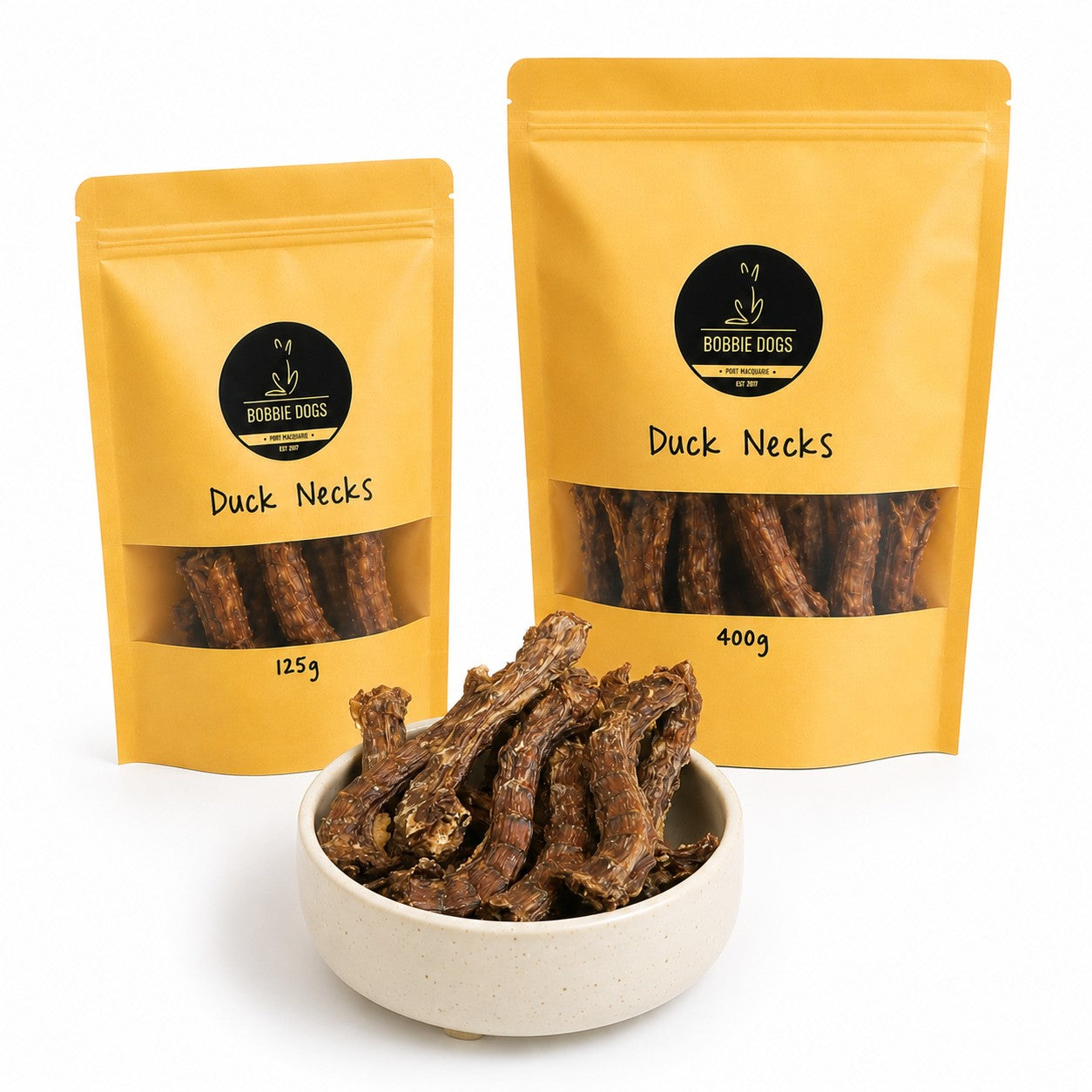 Duck necks natural dog treats with 125g and 400g packaging