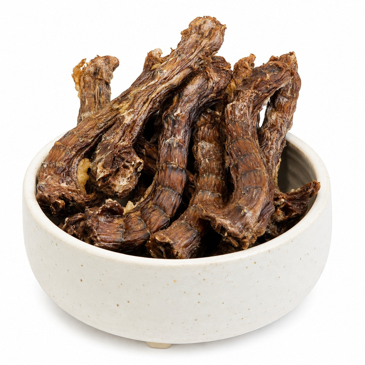 Duck necks natural dog treats in bowl